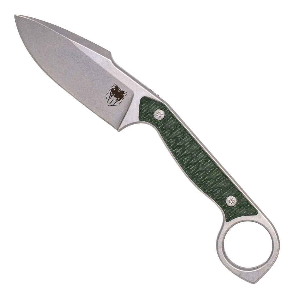 The CobraTec Wolfteeth Harpoon (CTWLTODGHRP) shown with its 3.0-inch 14C28N Harpoon-profile blade in a satin stonewash finish, fully removable OD Green G10 handle scales with the ring grip, rounded breaking pommel, and its fitted Kydex sheath with scout belt loop.