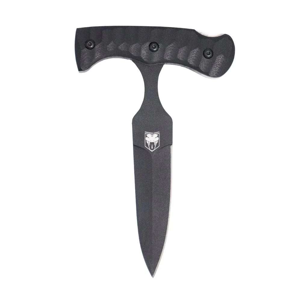 The CobraTec G-10 Folding Push Dagger (FG10PD) shown with its 2.875-inch D2 black coated dagger blade, textured G-10 handle scales, and its custom-molded Kydex sheath with metal belt clip. The back lock mechanism used to convert between push dagger and straight handle configurations is visible.