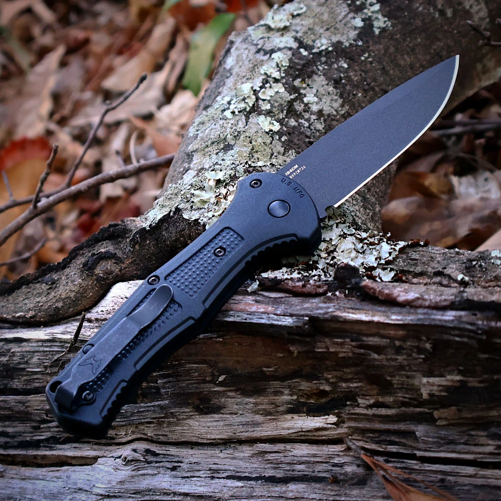 Benchmade Claymore Auto 9070BK-02 154CM Cobalt Black Drop Point Blade Open Detail View