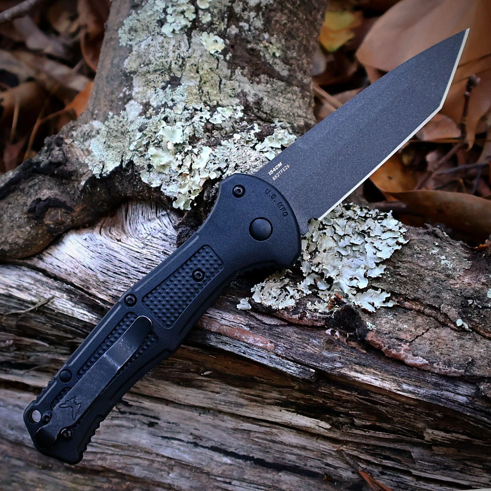 Benchmade Claymore Auto 9071BK-02 154CM Cobalt Black Tanto Blade Open Detail View