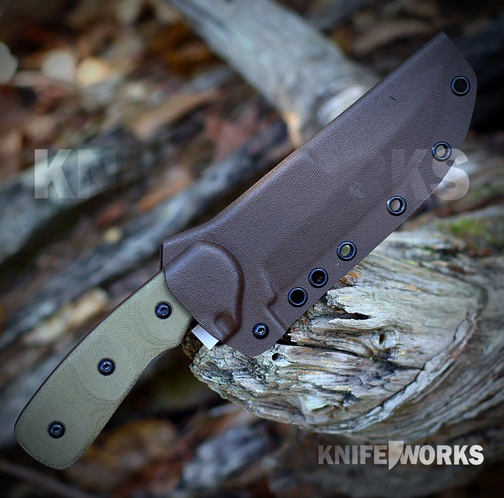 TOPS Mountain Lion TPMTLN02 chocolate Kydex sheath — rotating spring steel clip, rigid retention, adaptable belt carry, 17.4 oz with sheath