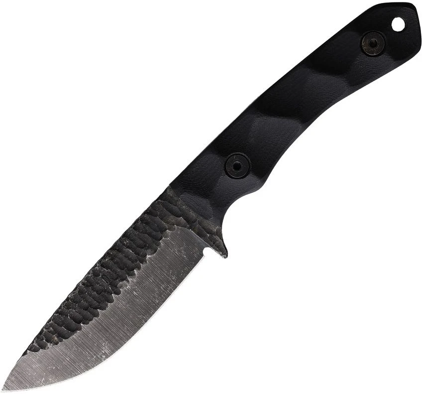 The Stroup Knives GP2 Fixed Blade, a forged 3.75-inch 1095HC steel blade with a rock tumbled and acid etched finish, black G10 full tang handle with lanyard hole, and black Kydex belt sheath.