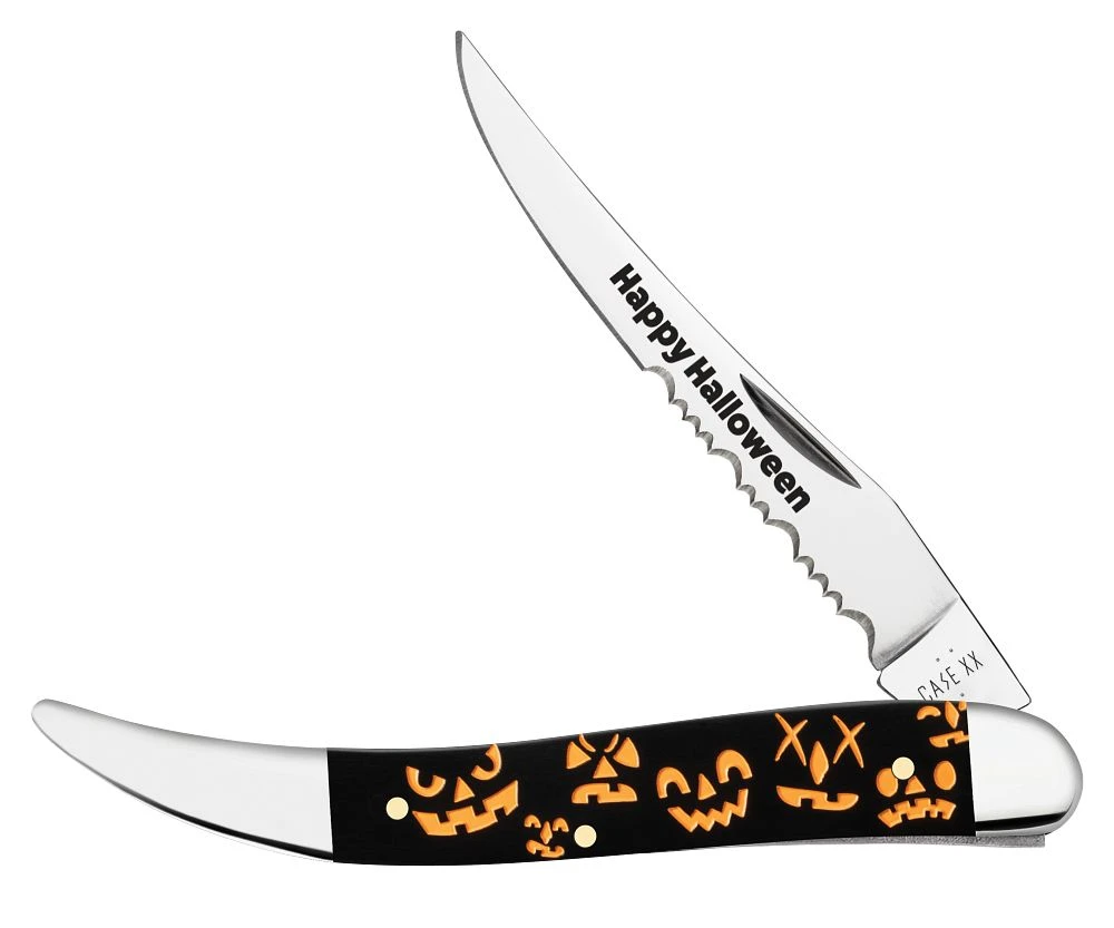 The Case Medium Texas Toothpick Halloween (13364) with a 3.40-inch mirror polished Tru-Sharp stainless combo long clip blade with Halloween etching, and a black synthetic handle with jack-o'-lantern face designs. Made in the USA.