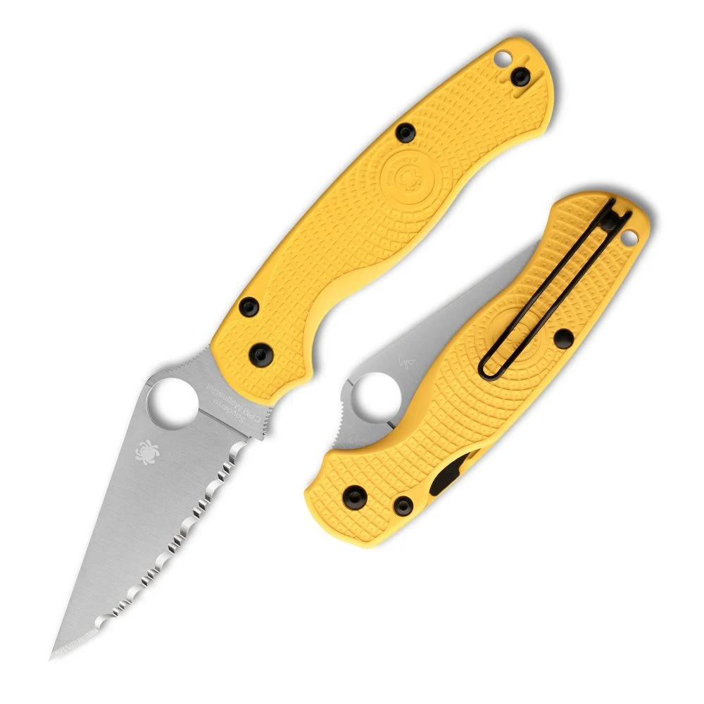 The Spyderco Para Military 2 Lightweight Salt is shown open in profile, with a satin full-flat ground blade, a fully serrated SpyderEdge, and Spyderco's Round Hole. The yellow FRN handle shows its textured grip surface and a wire pocket clip.