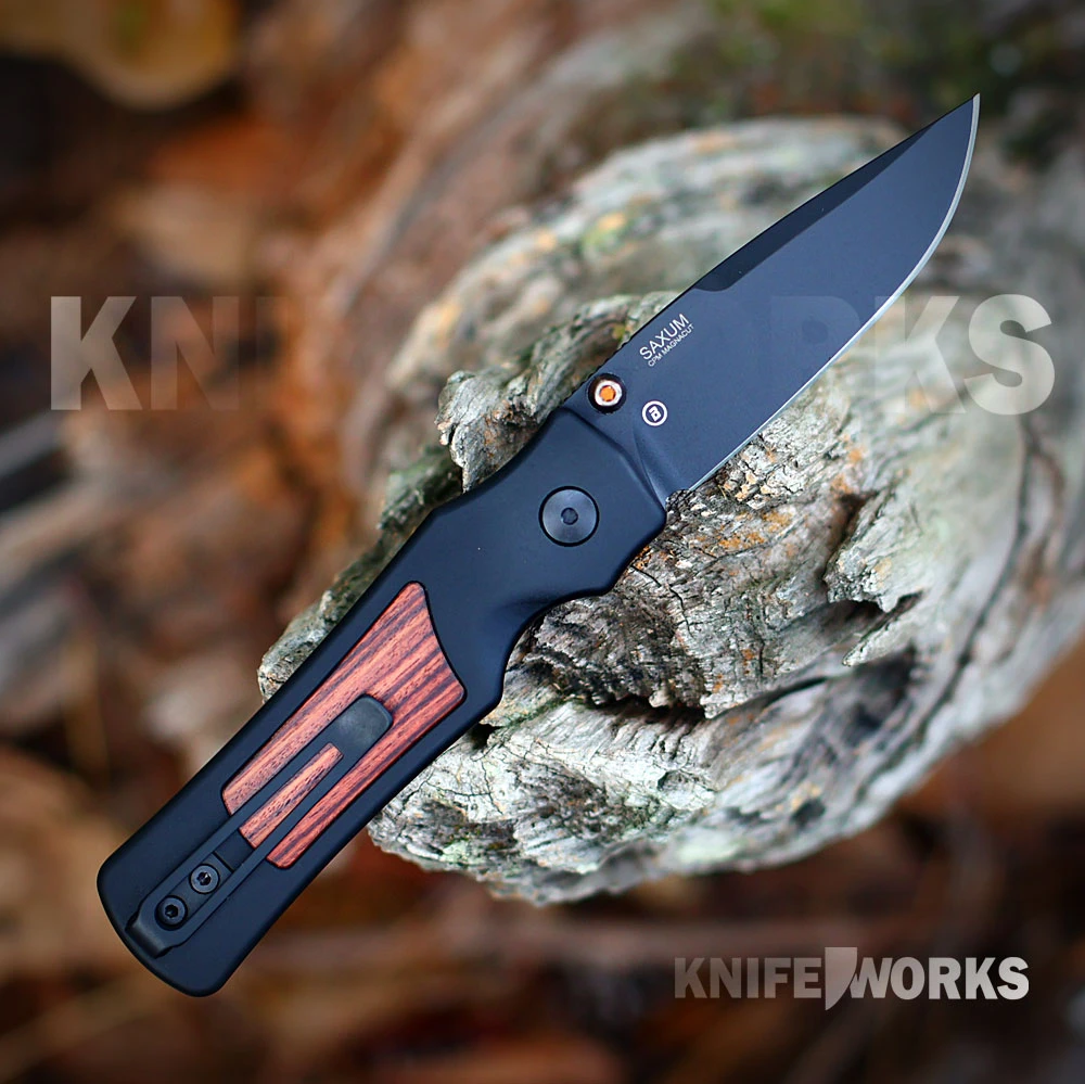 Hogue Saxum 24676 open, black Cerakote drop point blade, matte black aluminum handle with kingwood insert