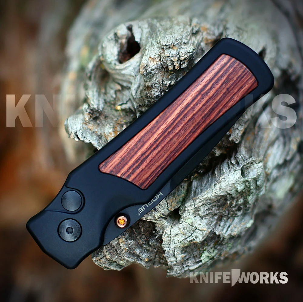 Hogue Saxum 24676 open, black Cerakote drop point blade, matte black aluminum handle with kingwood insert