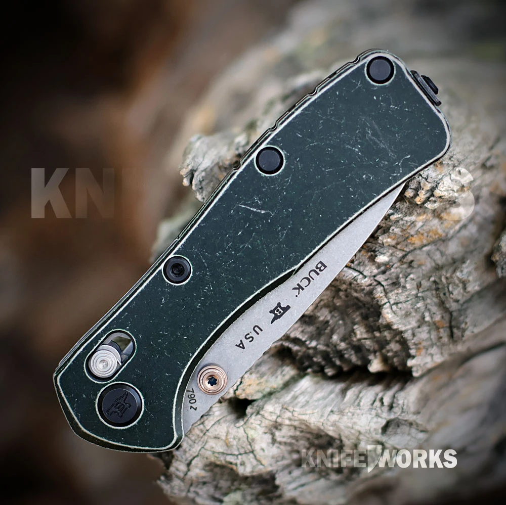 Buck Mini Range Trail Worn Elite 0790GRS2 with stonewashed CPM MagnaCut blade and tumbled green aluminum handle