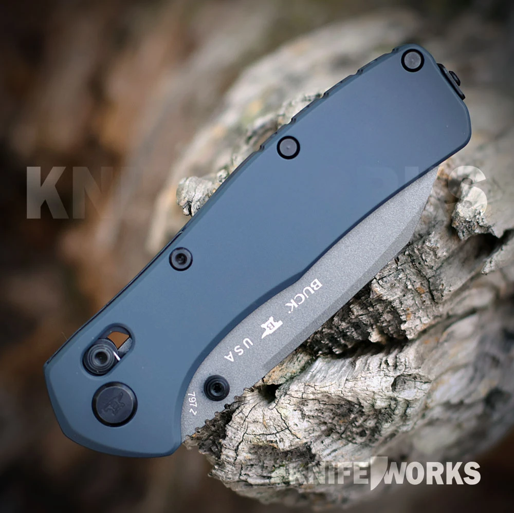 Buck Range Ops Elite 0797BLS with gray Cerakote CPM MagnaCut plain edge blade and blue aluminum handle