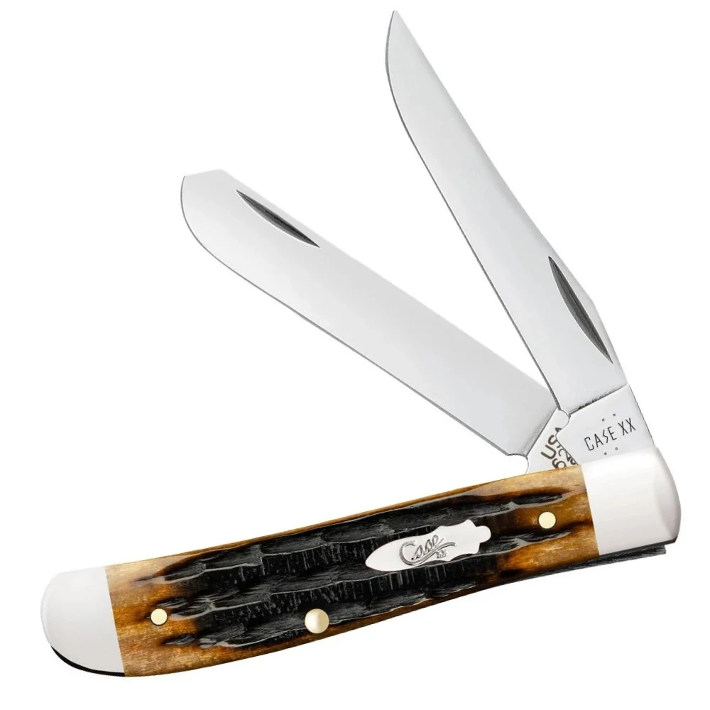 The Case XX Mini Trapper 12771 is shown open, with its mirror-polished Tru-Sharp stainless steel Clip and Spey blades extending from a Kinfolks jigged Molasses Bone handle featuring nickel silver bolsters and a brass Case shield.