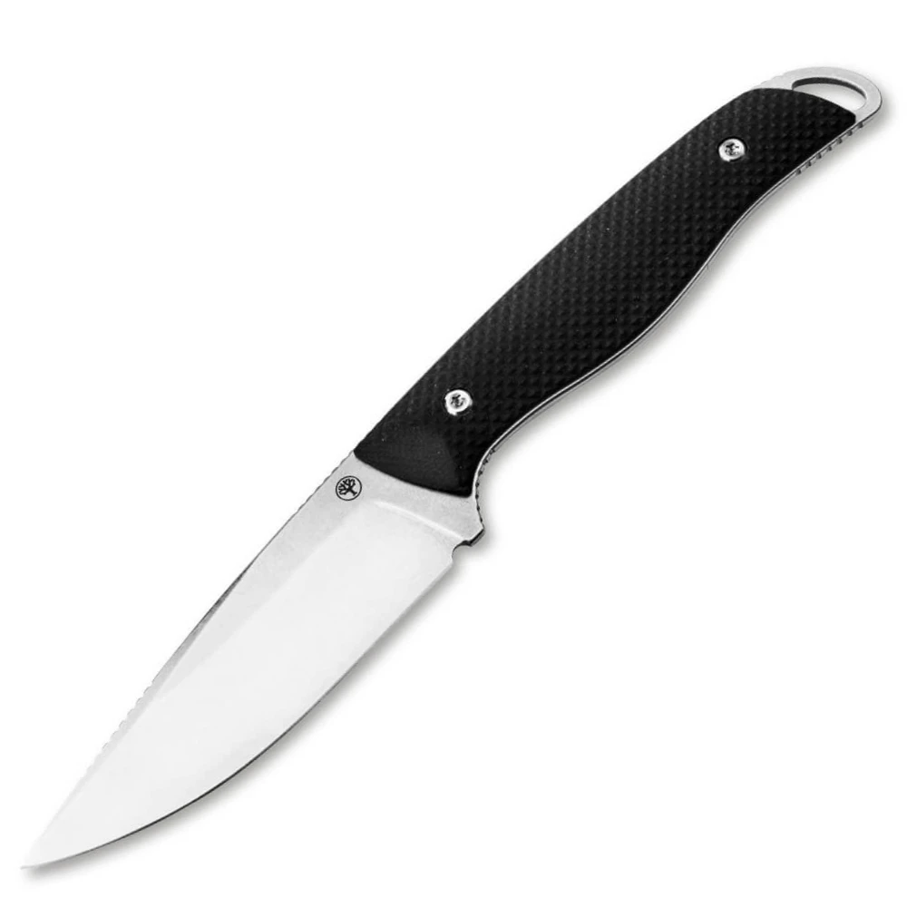 The Boker Plus Backcountry Black 02BU0002 is shown, featuring its 3.27-inch 154CM steel drop point blade in a satin finish extending from contoured Black G-10 handle scales secured with stainless steel hardware.