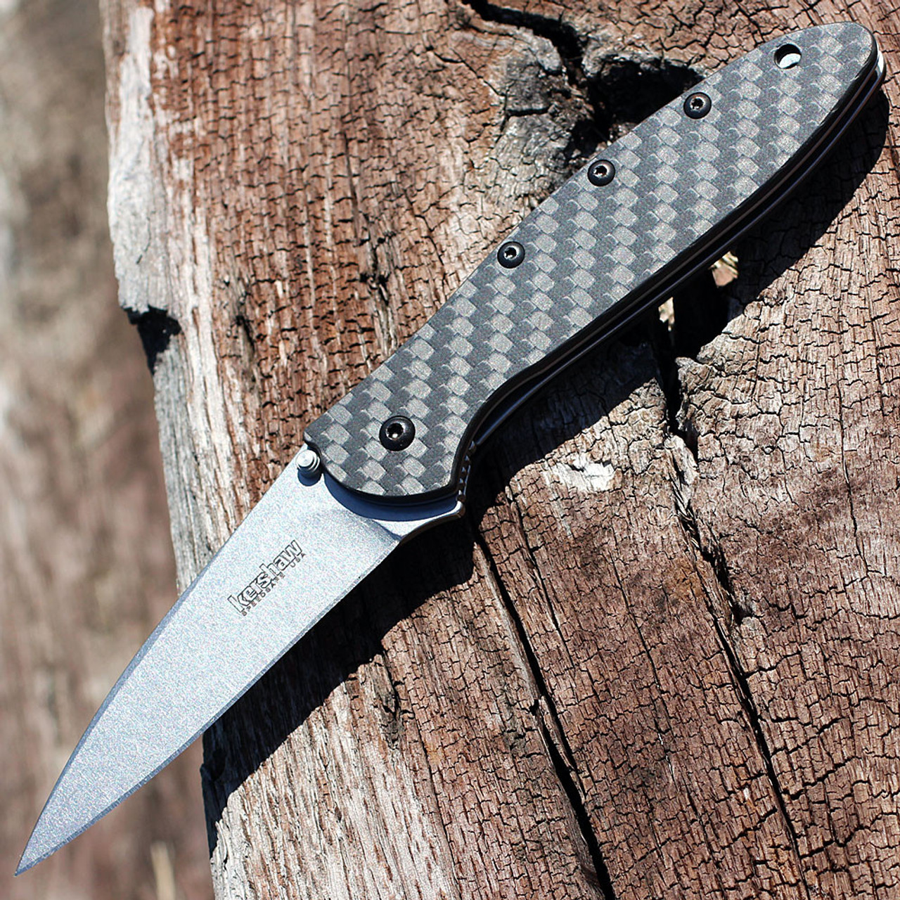 Kershaw Leek Assisted Opening Knife (1660CF)- 3.00" Stonewashed CPM-154 Drop Point Blade, Black Carbon Fiber Handle