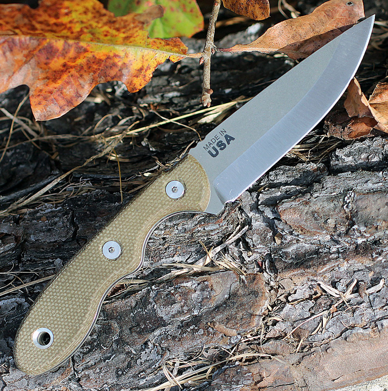 TOPS Knives Mini Scandi (TPMSKTBF) 3" 1095 Stonewashed Drop Point Plain Blade, Green Canvas Micarta Handle, Coyote Tan Kydex Sheath
