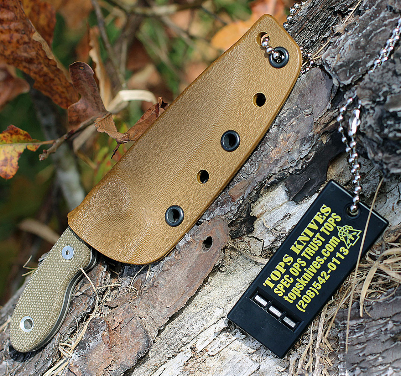 TOPS Knives Mini Scandi (TPMSKTBF) 3" 1095 Stonewashed Drop Point Plain Blade, Green Canvas Micarta Handle, Coyote Tan Kydex Sheath