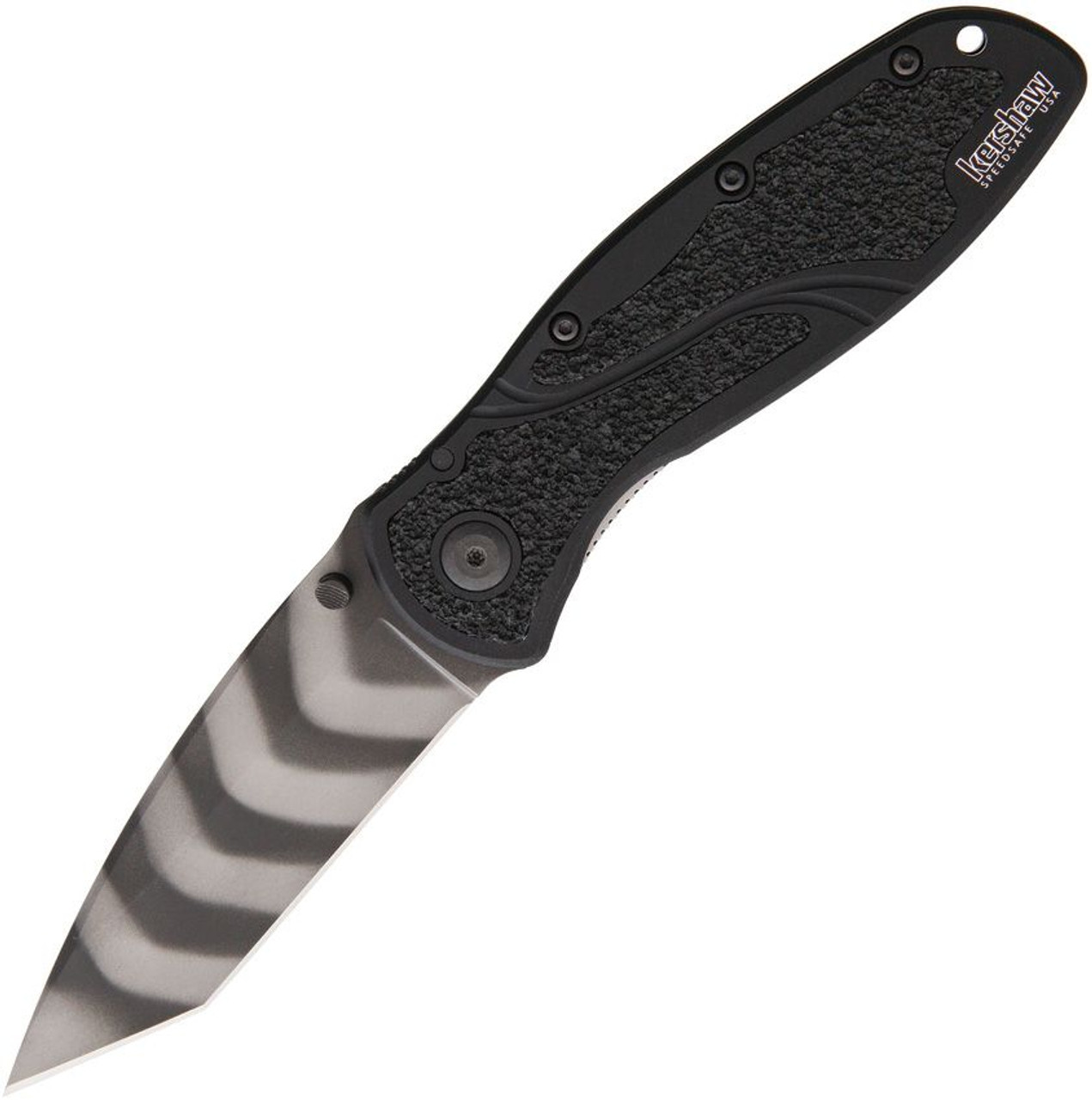 Kershaw Blur Assisted Opening Knife (1670TTS)- 3.40" Tiger Striped Sandvik 14C28N Tanto Blade, Black Aluminum Handle