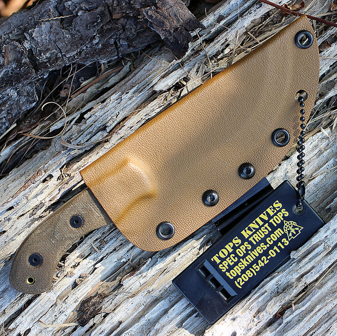 Tops TBT04-TAN Tom Brown Tracker #4, Green Canvas Micarta, Coyote Tan Coating Blade, Kydex Sheath