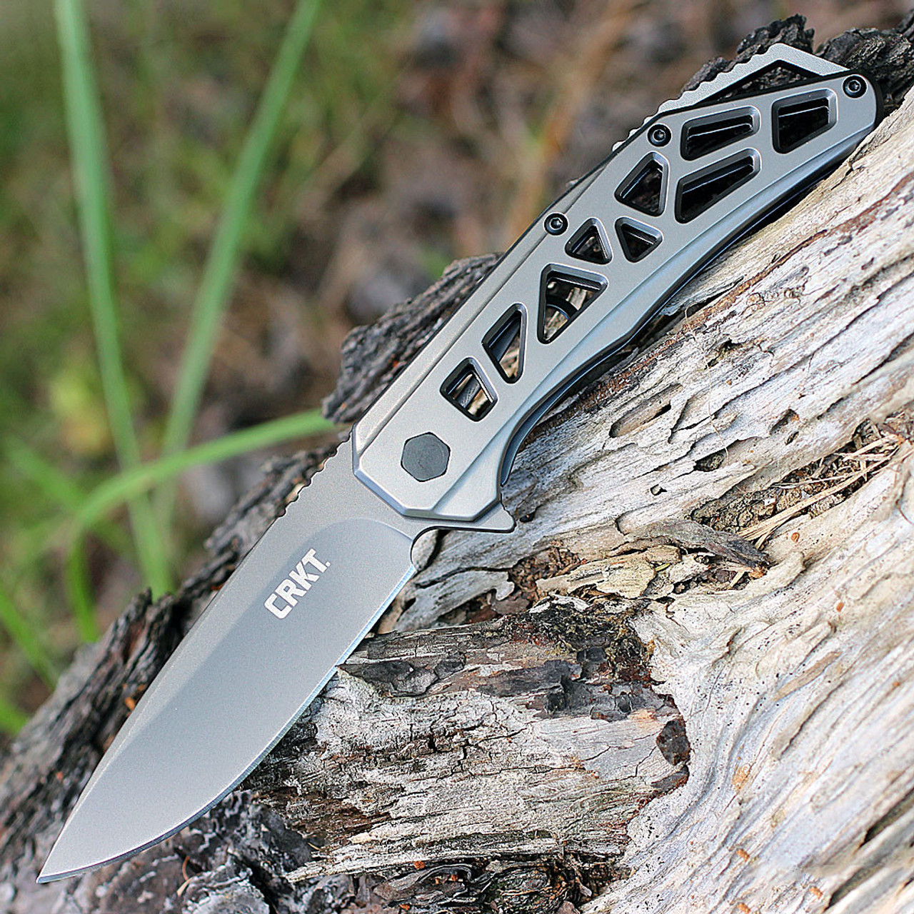 CRKT Gusset (CRK330GGP) 3.57" 8Cr13MoV Gray TiNi Coated Drop Point Plain Blade, Gray TiNi Finished 2Cr13 Stainless Steel Handle