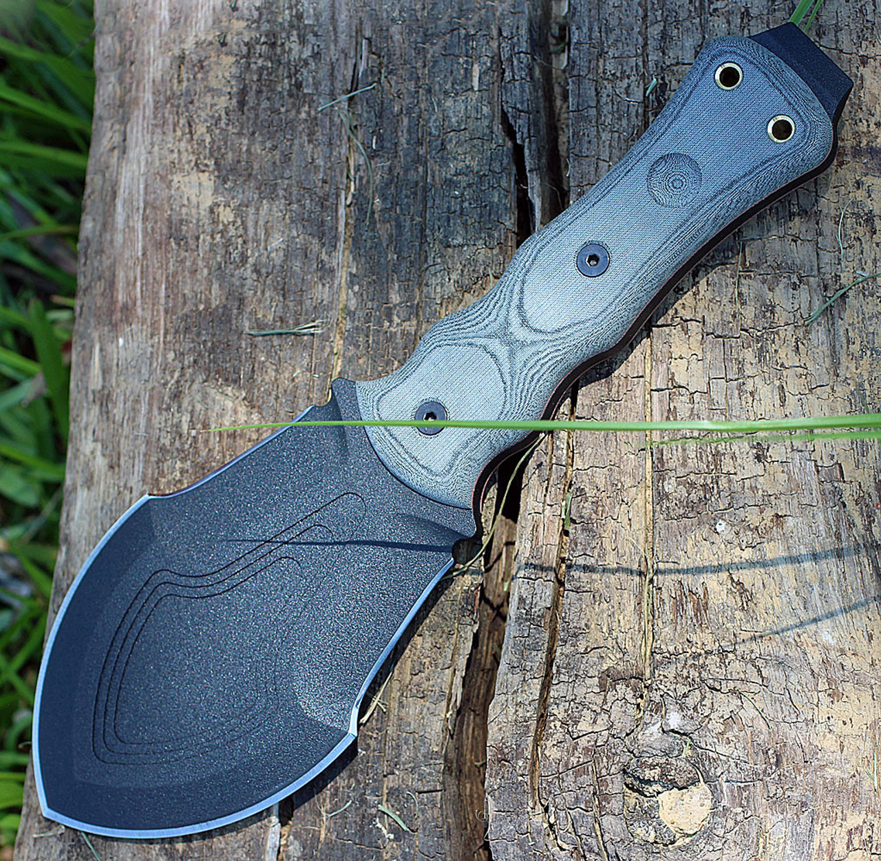 TOPS Tracker Digger (TPTBTDIG) 4.75" 1095 Black Traction Coated Double Edged Plain Blade, Black Linen Micarta Handle, Black Ballistic Nylon Handle