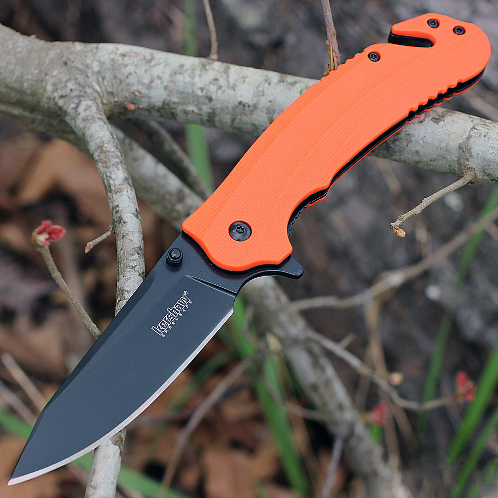 Kershaw Barricade 8650 Rescue Knife showing the orange GFN handle and glass breaker.