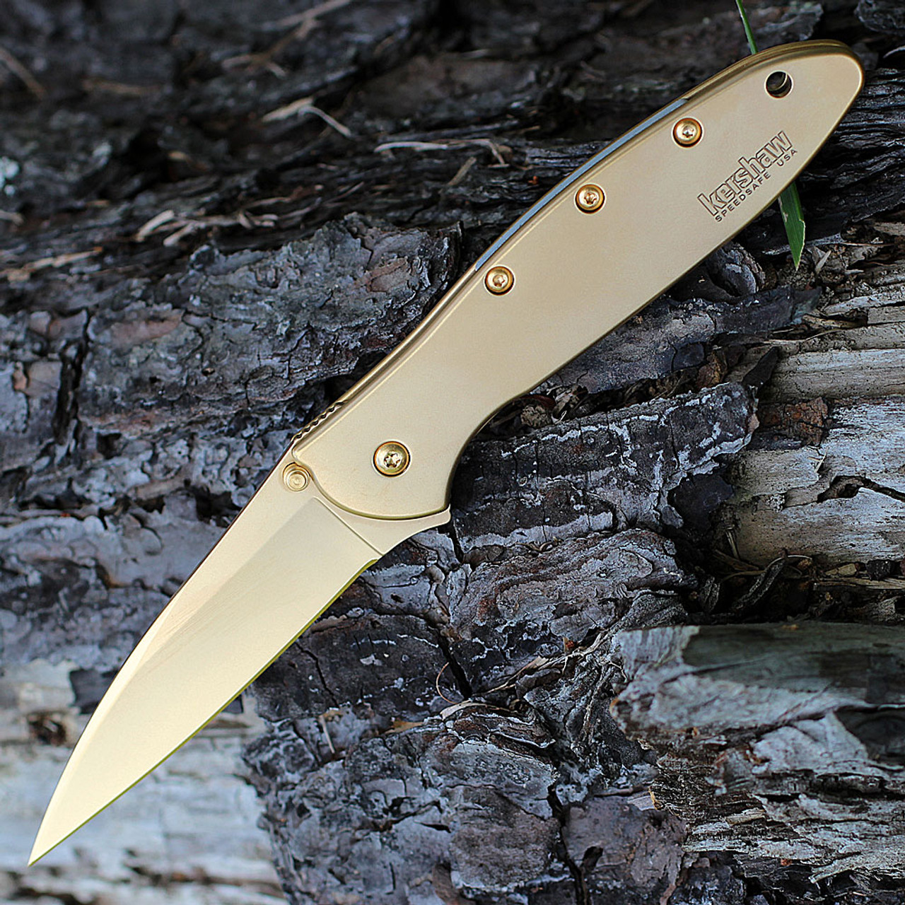 Kershaw Leek Assisted Opening Knife (1660G)- 3.00" Gold Plated Sandvik 14C28N Drop Point Blade, Gold Plated Stainless Steel Handle