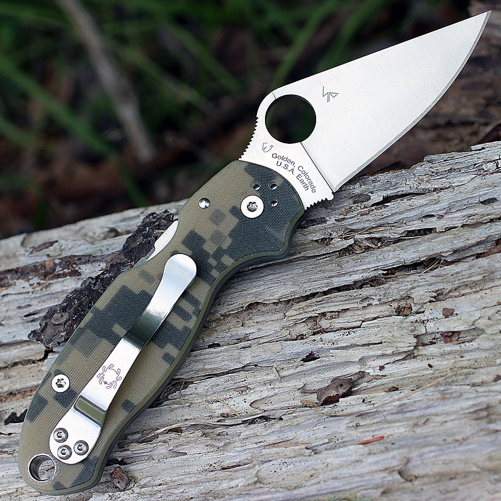 Spyderco Para 3 C223GPCMO with tumble-finished CPM S45VN plain edge blade and digital camo G-10 handle, open view