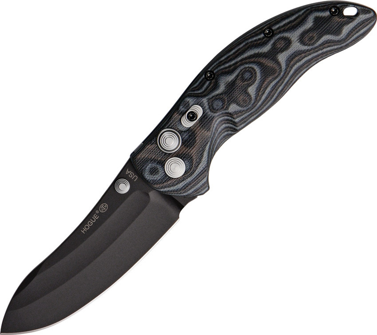 Hogue EX-04 (HO34479) 3.5" 154CM Black Drop Point Plain Blade, Black and Gray G-Mascus G-10 Handle