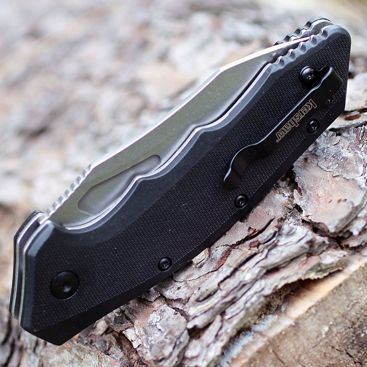 Kershaw Flitch Assisted Opening Knife (3930)- 3.25" Stonewashed 8Cr13MoV Drop Point Blade, Black GFN Handle