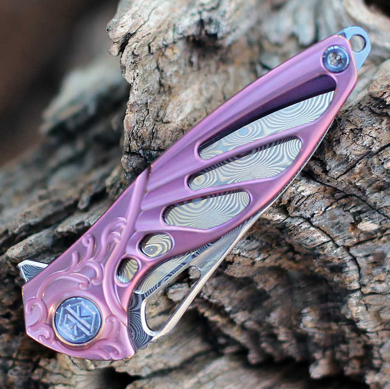 Rike Knife MINI Hummingbird Framelock, 1.57" Damascus Plain Blade, Pink Titanium Handle