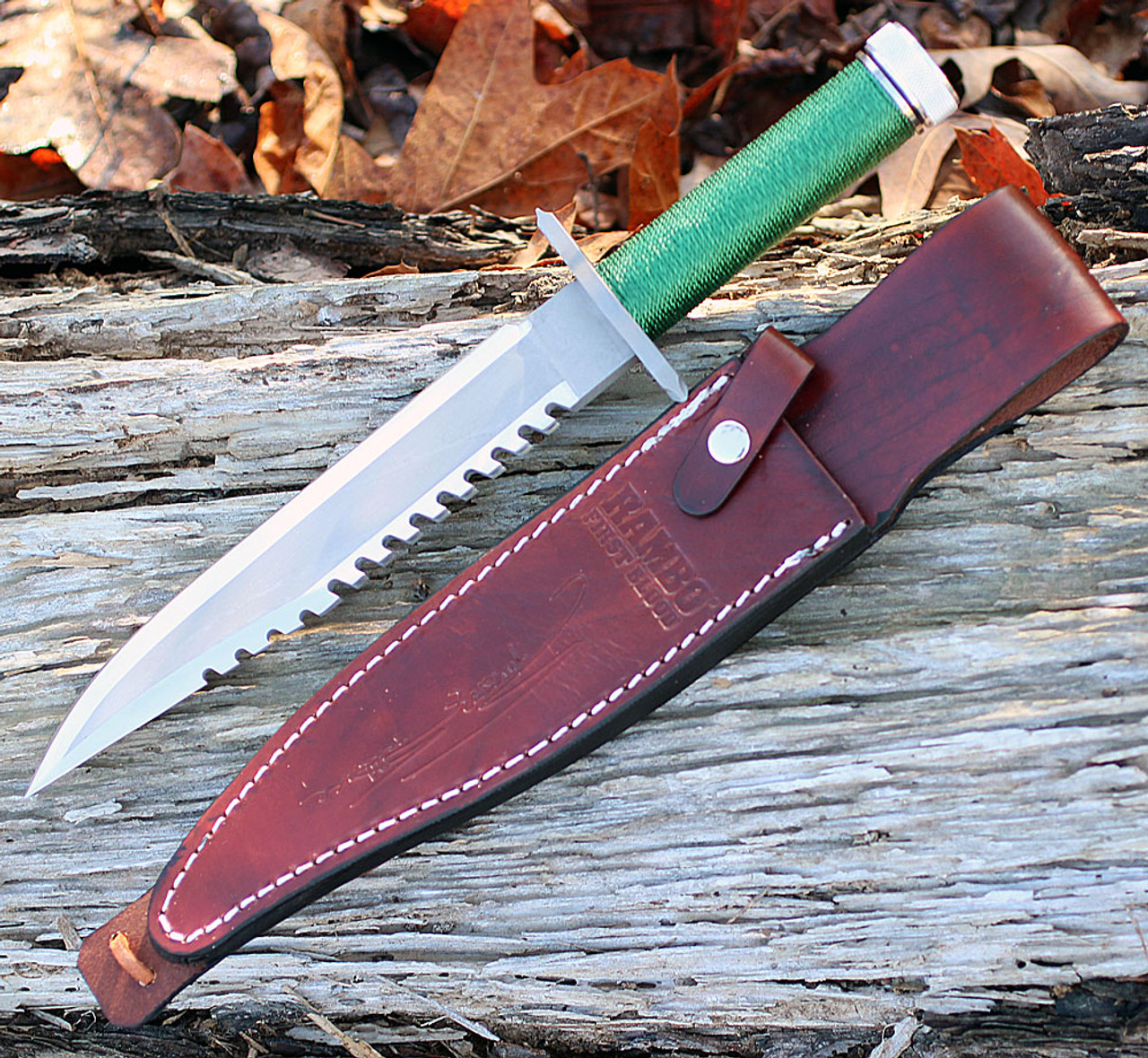 Rambo 9292 First Blood Standard Edition, 9" Stainless Plain Blade, Green Nylon Cord-wrapped Handle
