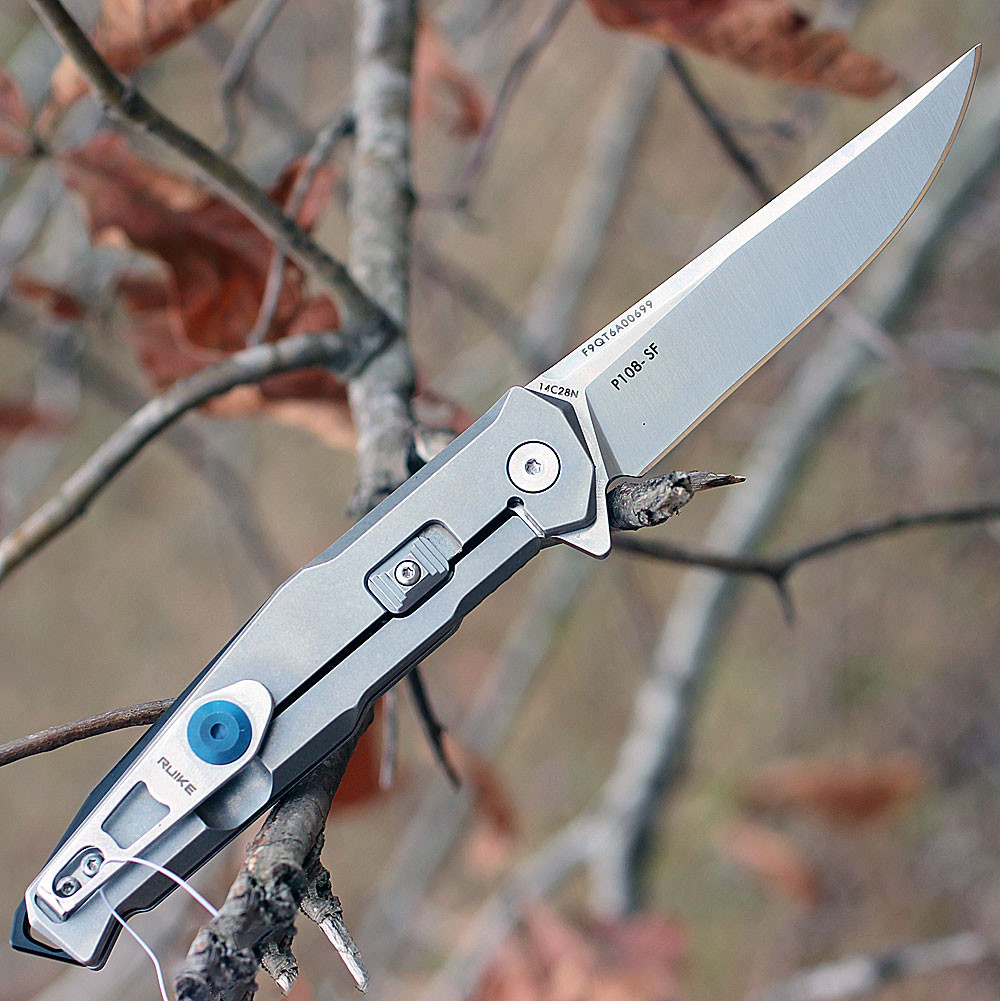 Ruike Beta Plus P108SF, 3.46" 14C28N Plain Blade, Stonewash Stainless Handle