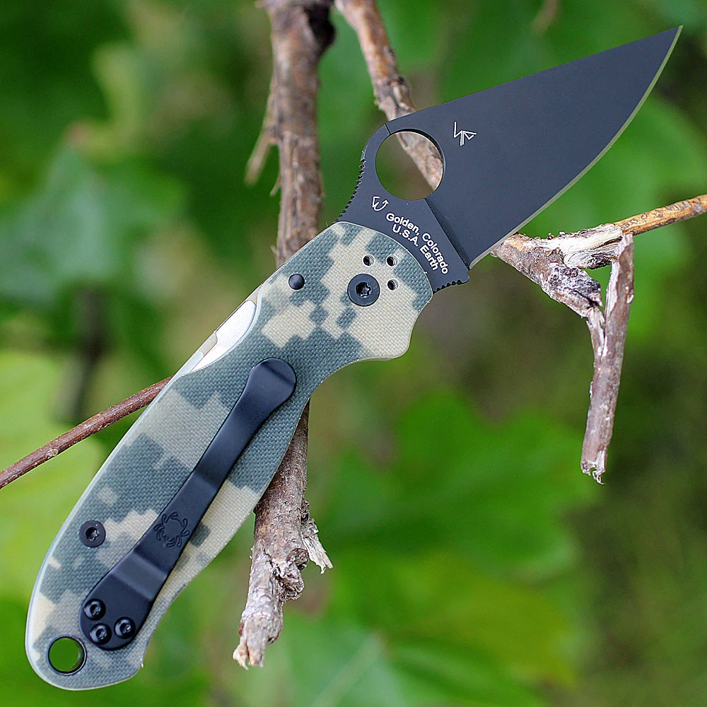 Spyderco Para 3 C223GPCMOBK with black DLC CPM S45VN plain edge blade and digital camo G-10 handle, open view