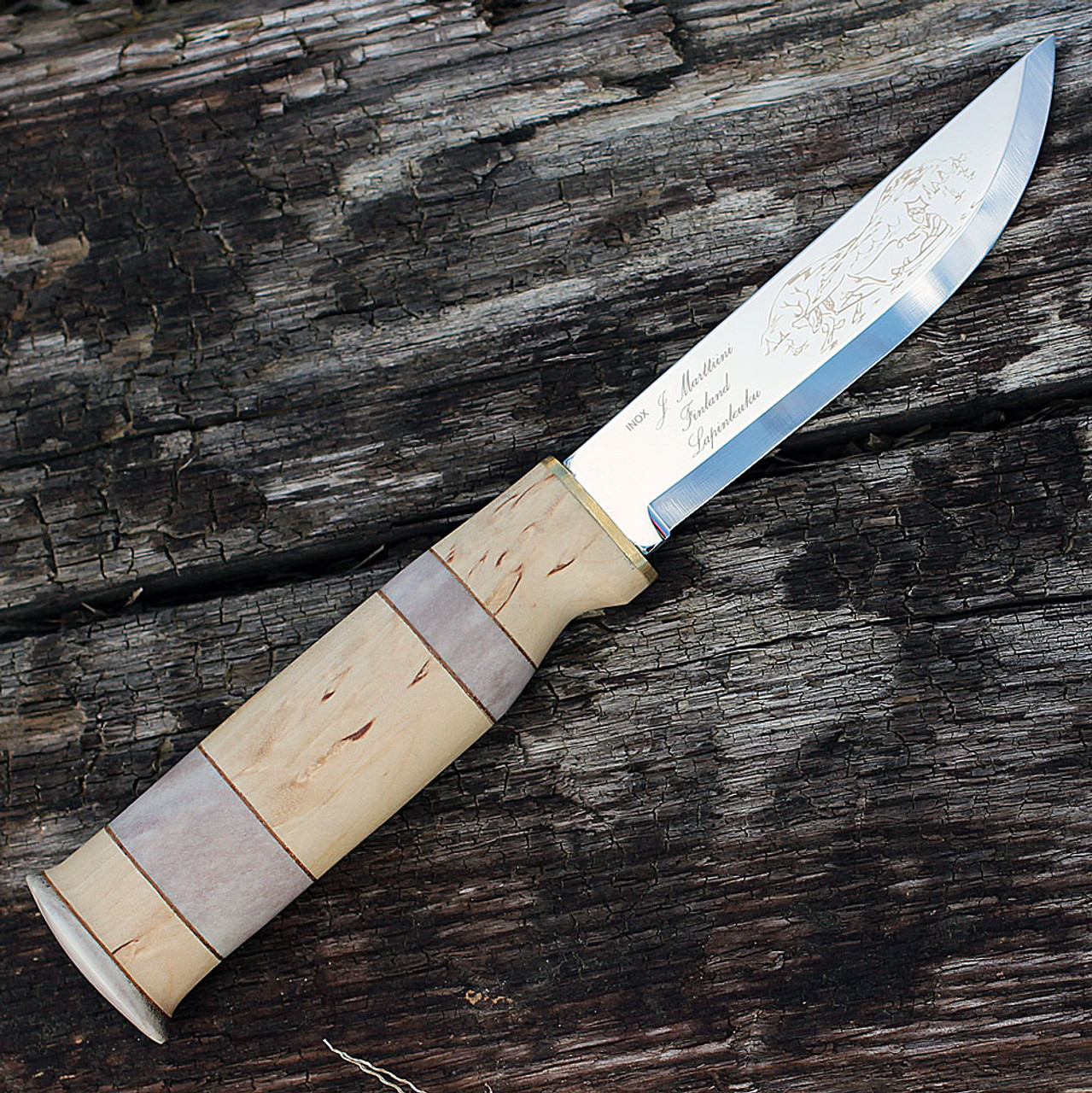 Marttiini 2230010 Lapp Knife, 4.5" Stainless Blade, Curly Birch & Reindeer Horn Handle