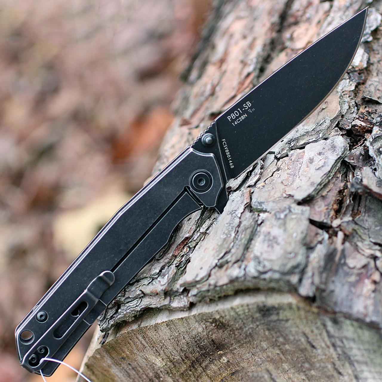 Ruike P801SB, 3.4" 14C28N Plain Blade, Black Stonewashed Stainless Handle