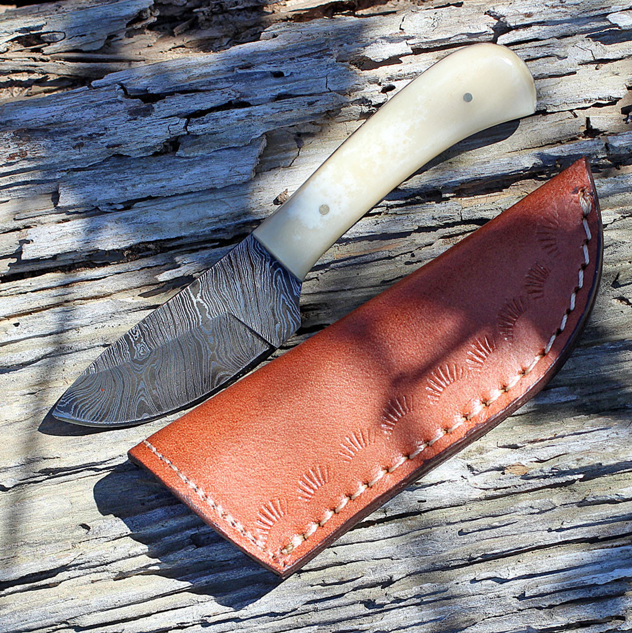 Damascus 1080BO Skinner, 3" Damascus Plain Blade, White Smooth Bone Handle