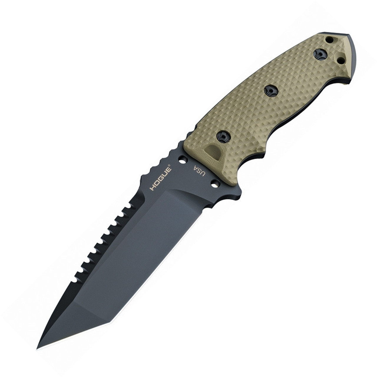 Hogue EX-F01 (HO35128) 5.5" A2 Tool Steel Black Tanto plain w/ a Sawback Blade, OD Green Textured G-10 Handle, Black Nylon Automatic Retention Belt Sheath