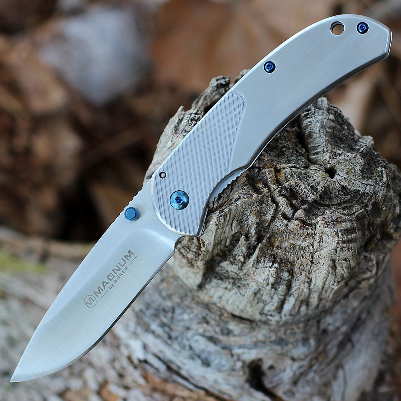 Boker Magnum Blue Dot (BOM01RY863) 3.3" 440A Stonewashed Clip Point Plain Blade, Stonewashed Stainless Steel Handle