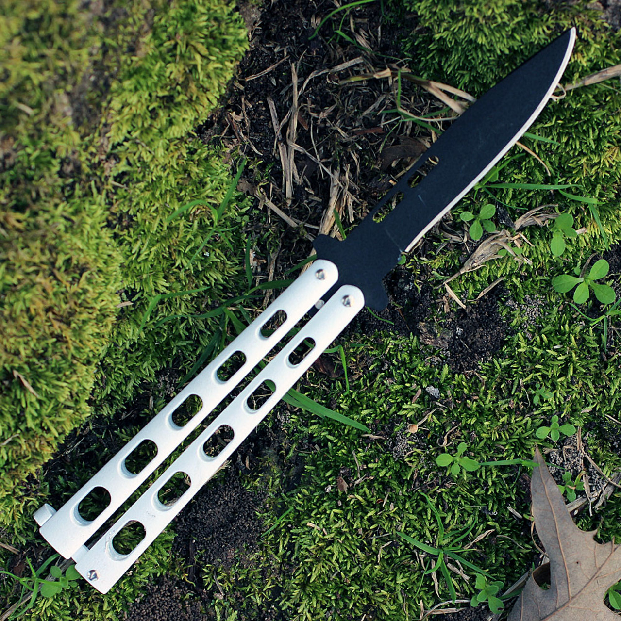 Bear & Son Butterfly White (BC115W) 3.75" 1095 Black Powder Coated Drop Point Plain Blade, White Zinc Handle