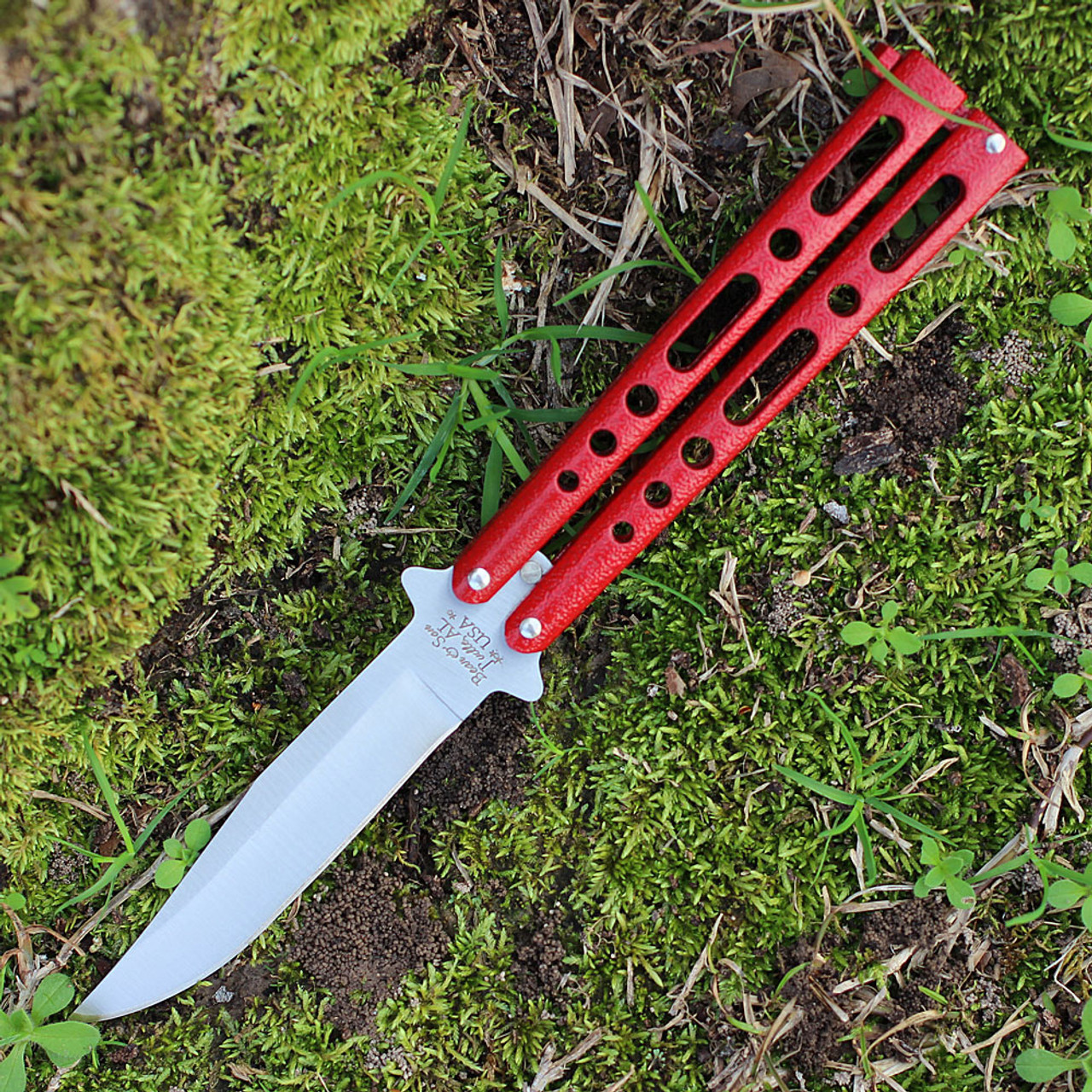 Bear & Son Butterfly Red (BC117R) 3.25" Stainless Steel Satin Clip Point Plain Blade, Red Metal Alloy Handle