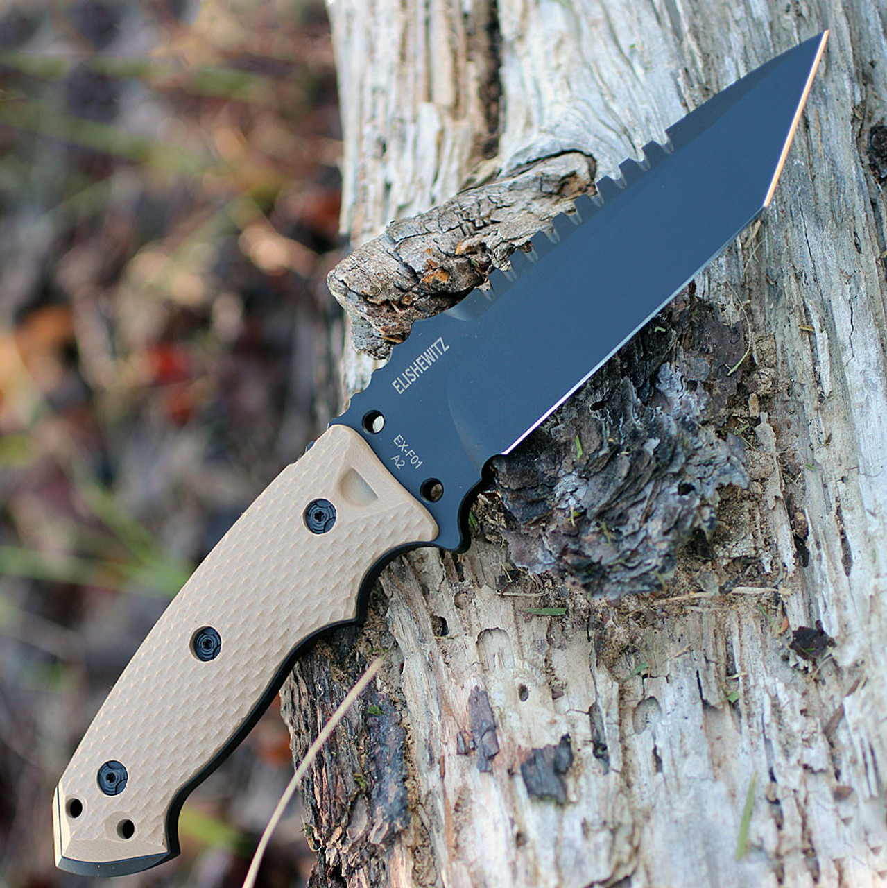 Hogue EX-F01 (WE220261) 5.5" A2 Tool Steel Black Tanto Plain w/ Sawback Blade, Dark Earth Textured G-10 Handle, Black Nylon Automatic Retention Belt Sheath