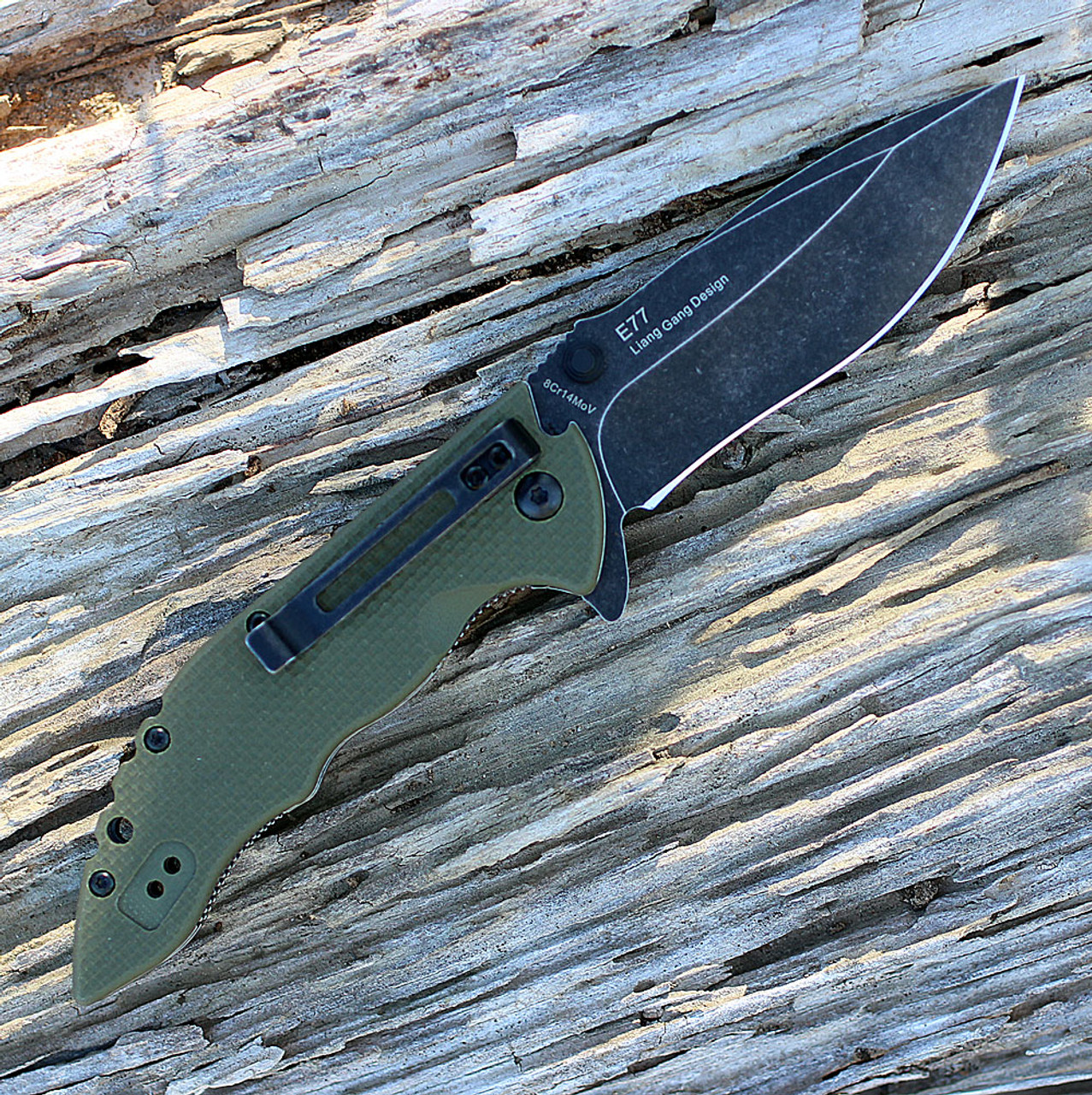 Real Steel 5113 E77, 3.23" 8Cr14MoV Plain Blade, OD Green Checkered G-10 Handle