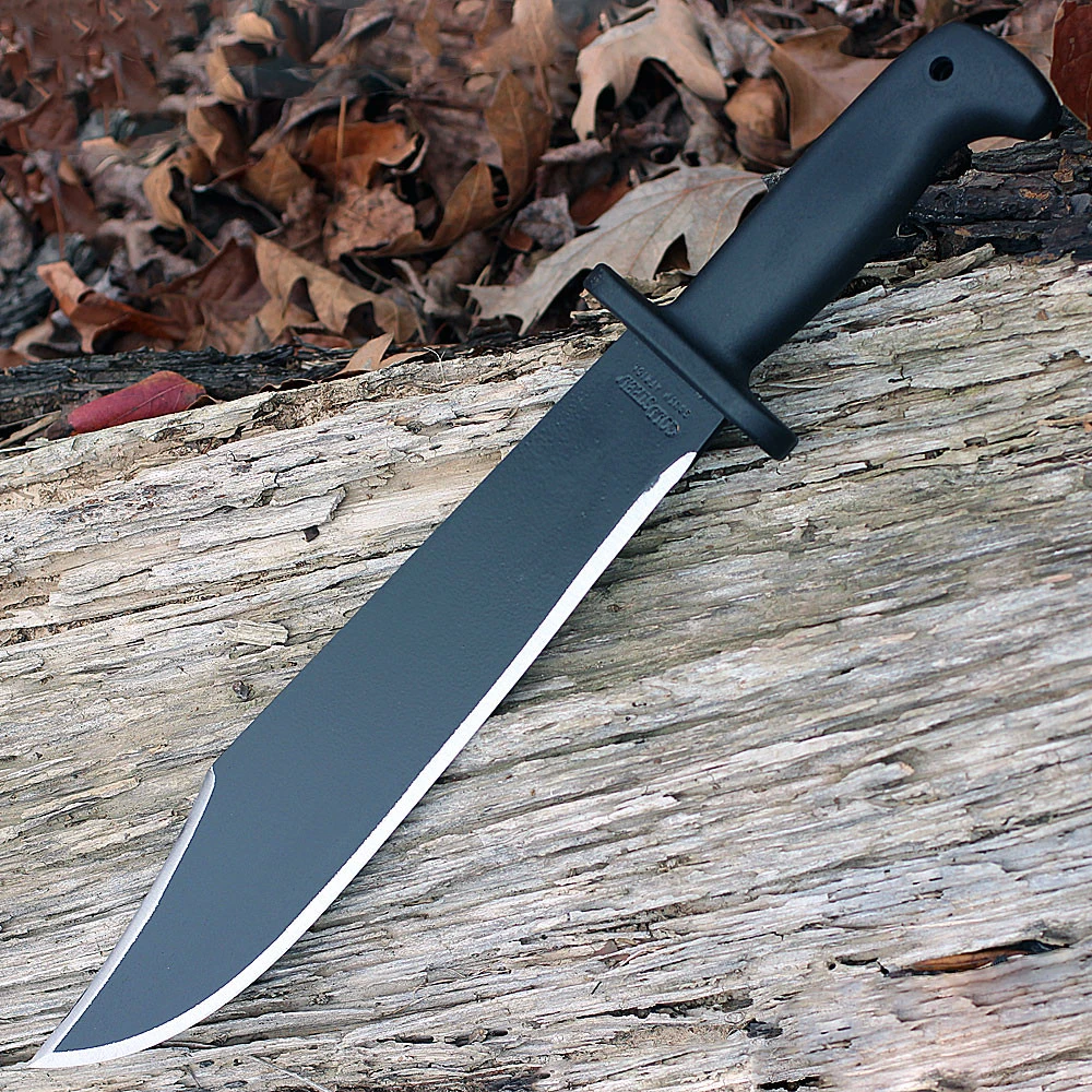 The Cold Steel Black Bear Bowie (CS-97SMBWZ) shown with its 12-inch 65Mn clip point blade in a black powder coated matte-black finish, fine-textured polypropylene handle over-molded around the full tang and solid steel guard, and its included Cor-Ex™ sheath.