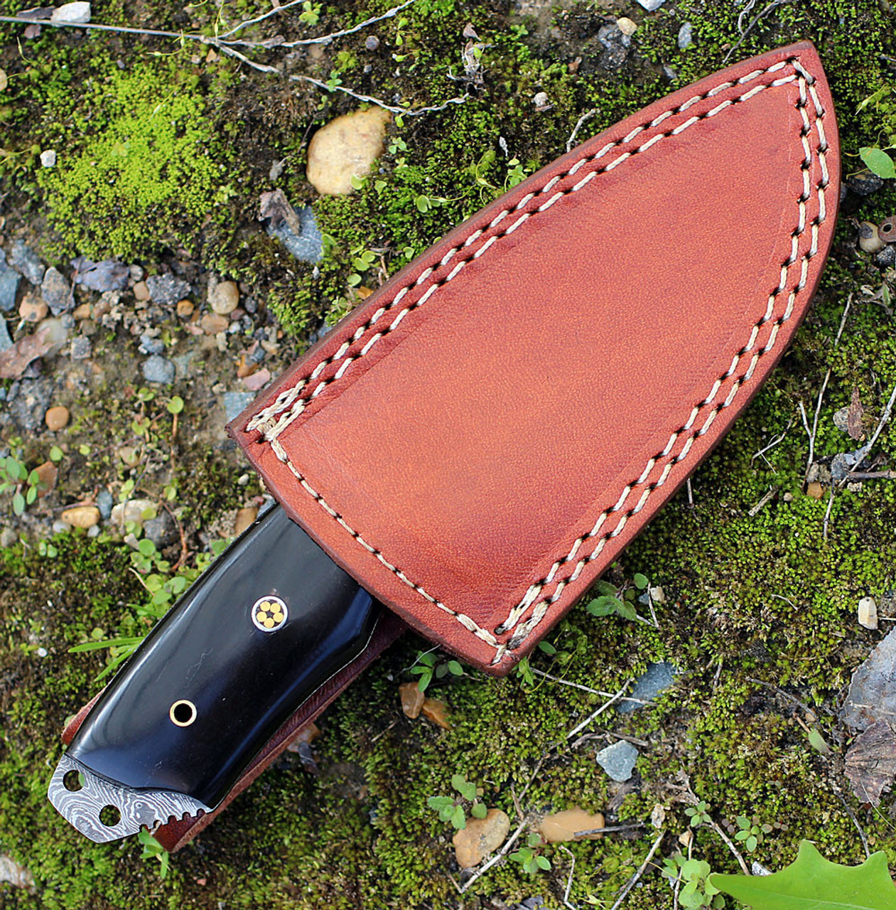 Damascus 1128HN Fixed Blade, 3.5" Damascus Plain Blade, Buffalo Horn Handle