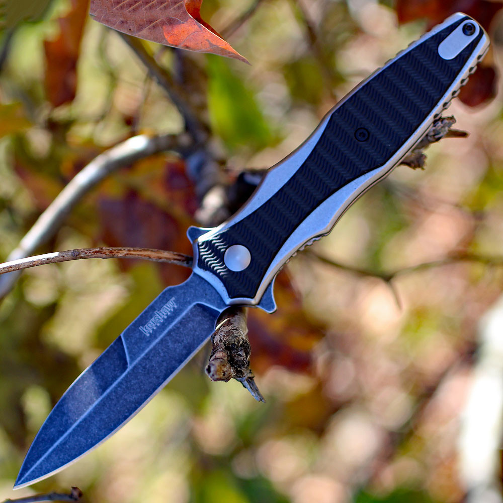 Kershaw Decimus 1559 Rick Hinderer design open profile view showing Blackwash spear point blade and textured GFN handle.