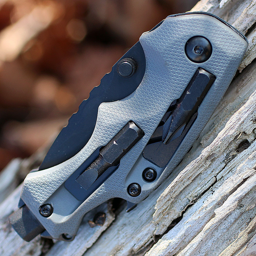 Kershaw Shuffle DIY 8720 open profile view showing Blackwash blade and integrated bit driver in the gray GFN handle.