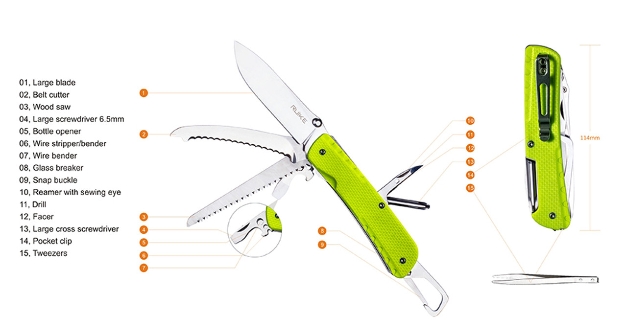 Ruike LD43 Trekker, 3.35" 12C27 Plain Blade, Yellow-Green G-10 Handle