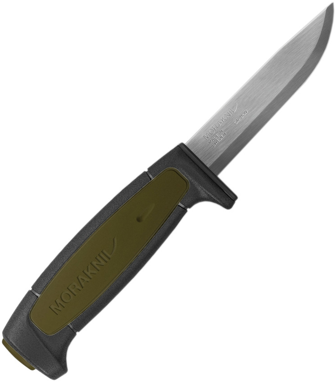 Mora Kniv Basic 511 (02210) 3.5" High Carbon Steel Drop Point Plain Blade, Black and Green Polymer Handle, Black Molded Polymer Sheath