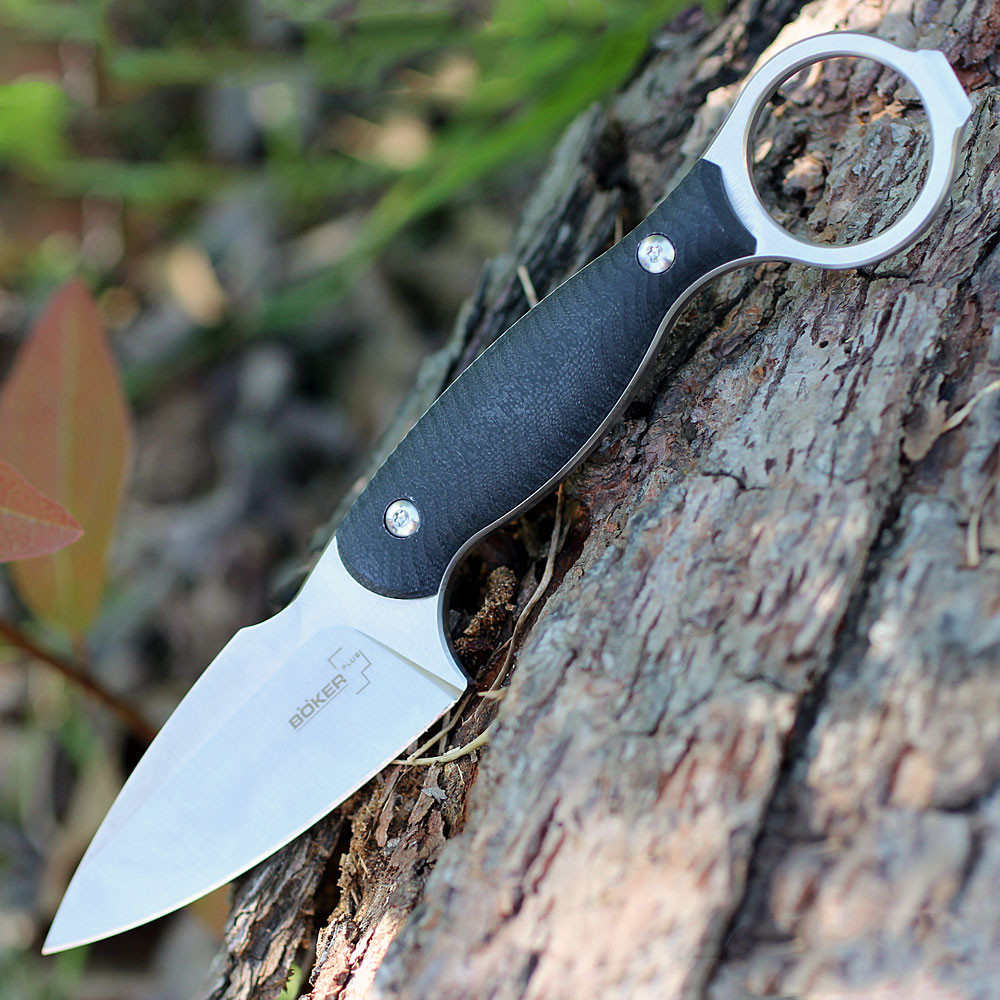 Boker Plus Accomplice (02BO175) 3.23" Sandvik 14C28N Satin Spear Point Plain Blade, Black Sculpted G-10 Handle, Black Kydex Sheath