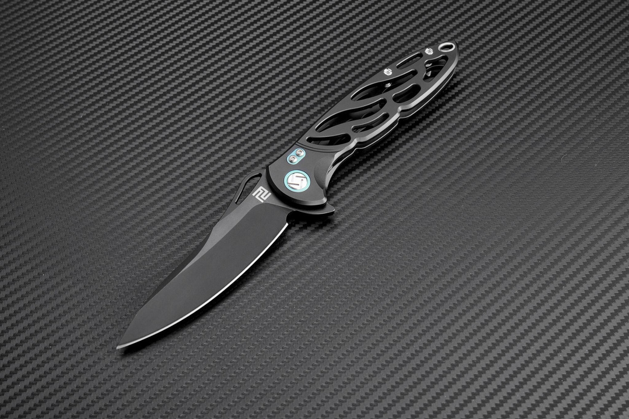 Artisan Dragonfly ATZ1801GBKM, 3.94" M390 Black Plain Blade, Black TC4 Titanium Handle