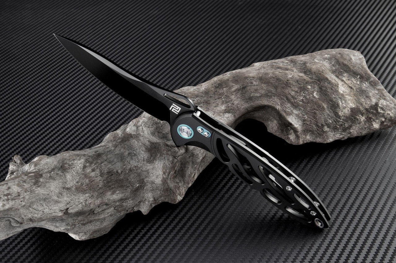 Artisan Dragonfly ATZ1801GBKM, 3.94" M390 Black Plain Blade, Black TC4 Titanium Handle