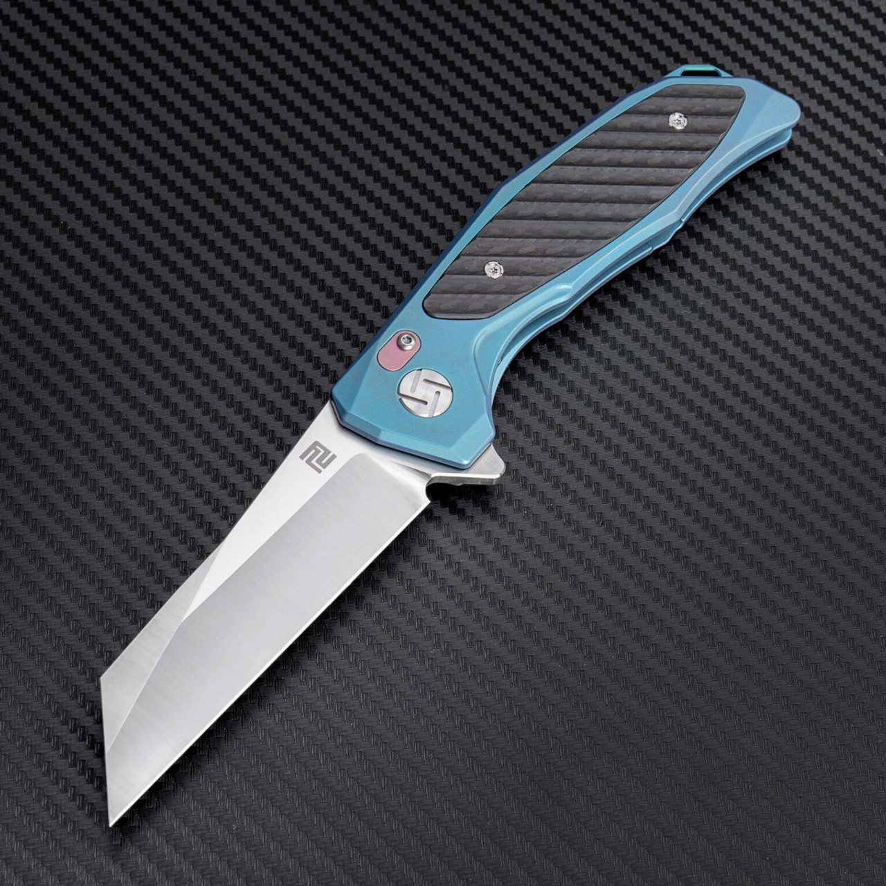 Artisan Falcon ATZ1809GBUM, 3.62" M390 Plain Blade, Blue Carbon Fiber/Titanium Handle