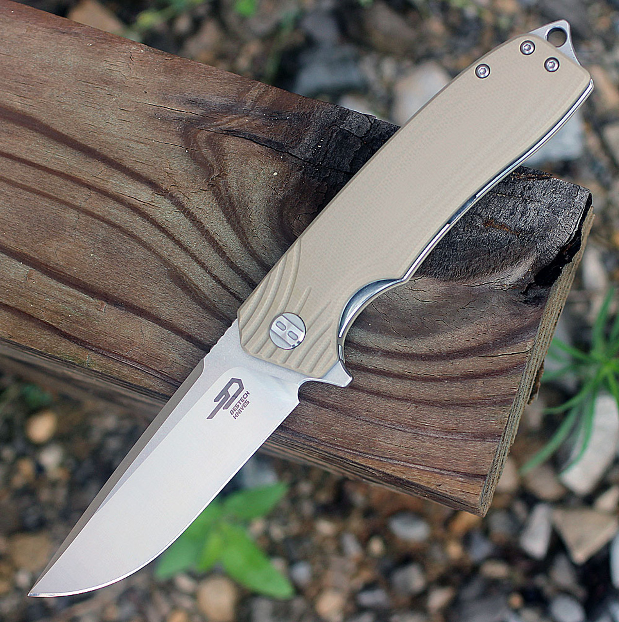 Bestech G01C Lion, 3.5" D2 Plain Blade, Beige G-10 Handle